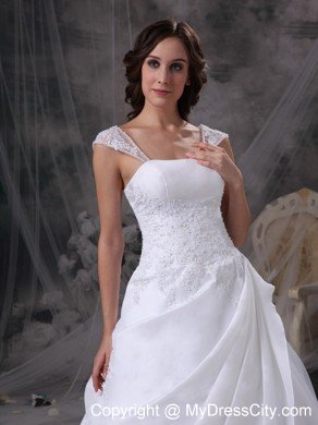 Square Train Satin and Organza Embriodery Decorated Wedding Dress